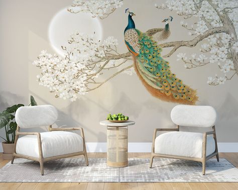 Vintage Bird Wallpaper, Room Objects, 3d Wallpaper Ideas, Peacock Wallpaper, Small Hall, Animal Wallpapers, Look Wallpaper, Tree Wall Murals, Play Garden