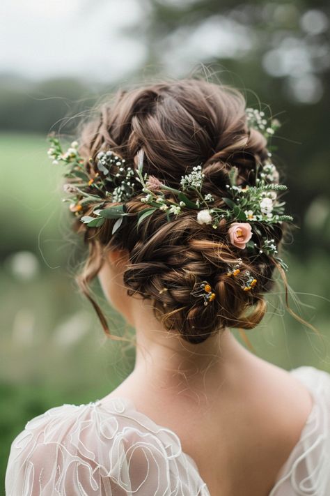 Long hair wedding styles open up a world of possibilities for showcasing elegance and romance. Discover more ideas here. Intricate Wedding Hair, Wedding Hair Flowers And Veil, Wedding Hairstyles For Long Hair Flowers, Boho Bridal Updo With Flowers, Scottish Wedding Hairstyles, Wedding Braid Flowers, Fall Bride Hair, Enchanted Forest Wedding Hair, Wedding Floral Hair Piece