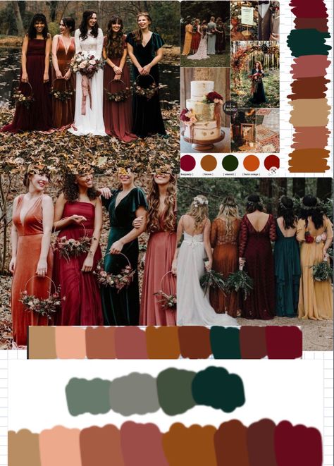 Autumn Theme Bridesmaid Dresses, Yellow Stone Wedding Theme, Autumn Tone Wedding, Fall Colors Wedding Decor, Cinnamon Color Palette Fall Wedding, Outdoor Fall Wedding Color Schemes, Fall Theme Bridesmaid Dresses, Rust Wedding Pallet, Terracotta And Green Wedding Palette