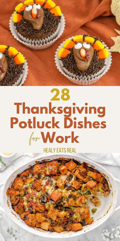 A collage displaying the text "28 Thanksgiving Potluck Dishes for Work" alongside images of turkey-themed desserts and a baked vegetable dish. Thanksgiving Breakfast Potluck Ideas, Autumn Potluck Dishes, Thanksgiving Potluck Recipes For Work, Thanksgiving Luncheon Ideas For Work, Thanksgiving Carry In Ideas For Work, Office Thanksgiving Potluck Ideas, Potluck Thanksgiving Ideas, Thanksgiving Work Potluck Ideas, Work Thanksgiving Ideas