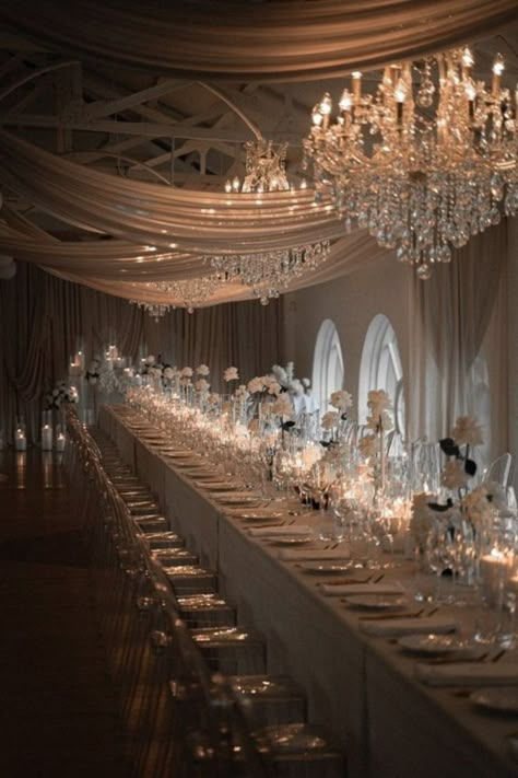 Hanging Drapes From Ceiling Wedding, Elegant Wedding Dinner Table Setting, Romantic Luxury Wedding, Chandelier Draping Wedding, Venue Draping Wedding Receptions, Soft Romantic Wedding Decor, Drape Wedding Decor, Draped Wedding Reception, Long Wedding Tables With Candles