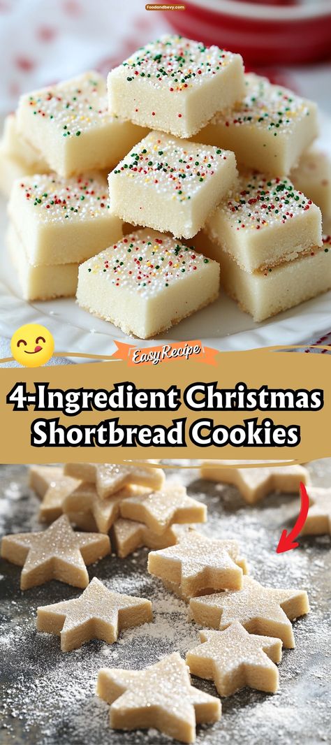 Celebrate the simplicity and deliciousness of 4-Ingredient Christmas Shortbread Cookies. Made with just butter, sugar, flour, and a touch of vanilla, these cookies are crisp, buttery, and melt-in-your-mouth good. Cut them into festive shapes and sprinkle with colored sugar for a delightful holiday treat. #ChristmasCookies #Shortbread #HolidayBaking Christmas Shortbread Cookie Bars, Cut Out Short Bread Cookie Recipe, Shortbread Cookie Cutouts, Shortbread Cornstarch Cookie Recipe, 4 Ingredient Christmas Shortbread Cookies, Shortbread Cookies 3 Ingredient, Betty Crocker Shortbread Cookies, Colored Shortbread Cookies, Short Bread Cookies Soft