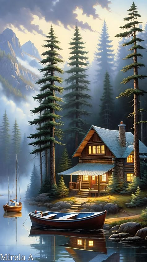 Scenery Painting Easy, Nature Scenery Painting, Beautiful Scenery Paintings, Lakeside House, Urdu Calligraphy, Christmas Photo Frame, Gold Art Painting, Scenery Painting, Mirela Anton