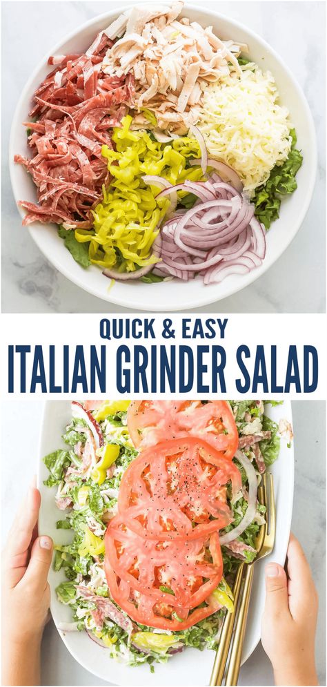 A take on the viral grinder sandwich, this Italian Grinder Salad is made with thinly sliced cold-cuts, shredded provolone, red onion, pepperoncini, tomatoes and all tossed with that classic grinder dressing! It's the ultimate 15-minute salad for for lunch or an Italian themed dinner night. #tiktokrecipes #tiktoksalad #grindersalad #grindersandwich #italiangrinder #saladrecipes Italian Hoagie Salad, Tiktok Salad, Viral Grinder Sandwich, Italian Grinder Salad, Grinder Dressing, Cold Cut Sandwich, Italian Grinder, Grinder Salad, Turkey Lunch Meat