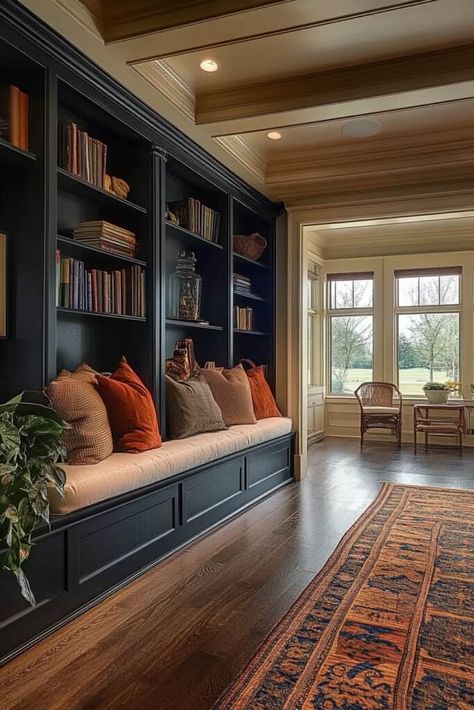 built in living room Library Wall With Tv In Living Room, Den With Built In Bookshelves, Living Room Built Ins With Cabinets, Tv In Bookcase Beside Fireplace, Living Room Custom Built Ins, Family Room With Office Area, Paneled Family Room, Built In Book Cases Living Room, Basement Built In Bookshelves