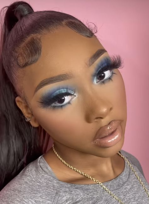 Blue And Black Makeup Looks Black Women, Make Up Looks For Prom Blue Dress, Cute Blue Dress Aesthetic, Blue White Makeup Look, Blue Natural Makeup Looks, Royal Blue And Black Makeup Looks, Black Woman Blue Makeup, Blue Lipstick Makeup Black Women, Pink And Blue Makeup Looks Black Women