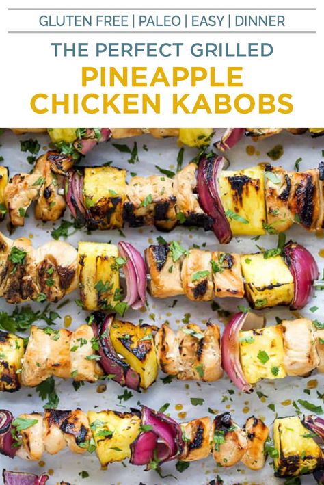 Summer was meant for all things grilled, including this Pineapple Chicken Kabobs recipe These easy chicken kabobs are layered with tender marinaded chicken, juicy pineapple and red onion then finished on the grill to lock in all the flavors! Plus I'm going to show you have to make the a pineapple chicken sauce for the best kabobs ever! #chickenrecipes #kabobs #paleorecipes #grillrecipes Easy Chicken Kabobs, Pineapple Chicken Kabobs, Summer Dinner Recipes Grill, Grilled Pineapple Chicken, Chicken Kabob Recipes, Chicken Pineapple, Grilled Chicken Kabobs, Grilling Kabobs, Paleo Chicken Recipes