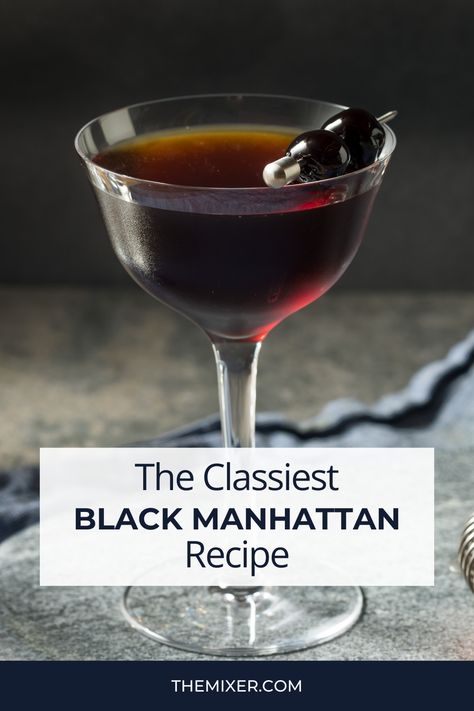 🖤 If you’re in the mood for tall, dark and handsome, try a Black Manhattan. This brooding cocktail is a simple riff on the classic Manhattan that features Averna—a fruity, herbaceous Italian bitter with an intense caramel flavor. Mmm… Black Whiskey Cocktail, Black Manhattan Cocktail, Black Martini, Manhattan Drink, Classic Manhattan Cocktail, Manhattan Cocktail Recipe, Black Manhattan, Manhattan Recipe, Whiskey Recipes