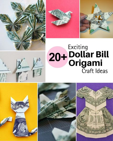 A curated list of fun & exciting dollar bill origami ideas, catered to everyone! Make some memorable gifts with just a dollar & a pair of crafty hands! Dollar Bill Folding, Origami Dollar Bill Easy Step By Step, Dollar Bill Origami Easy Step By Step, Folding Dollar Bills Easy Step By Step, Origami With Dollar Bills, Money Origami Easy, Money Gifting Ideas, Dollar Bill Gift, Fold Dollar Bill