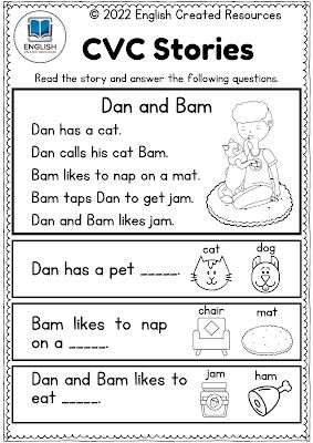 Word Worksheets For Kindergarten, Cvc Stories, Kindergarten Comprehension Worksheets, Cvc Worksheets Free, Cvc Word Worksheets, English Created Resources, Kindergarten Comprehension, Cvc Reading, First Grade Reading Comprehension