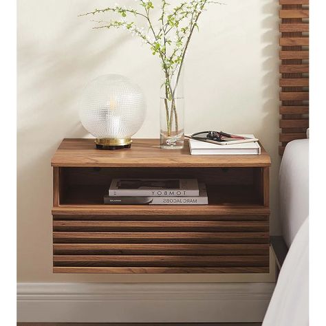 Vidalia Mid-century Modern Walnut Wooden Floating Single Drawer Nightstand - On Sale - Bed Bath & Beyond - 38110417 Low Nightstands, Modern Bedroom Nightstands, Floating Nightstand Drawer, Mid Century Bedroom Design, Minimalistic Bedroom, Modern Floating Nightstand, Simple Nightstand, Japandi Bedroom, Mid Century Modern Nightstand