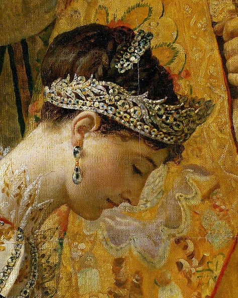 Jacques-Louis David 'The Coronation of Napoleon' (detail of Josephine) Jacque Louis David, Coronation Of Napoleon, Chateau De Malmaison, Jacques Louis David, Empress Josephine, Napoleon Bonaparte, The Coronation, French History, Louvre Museum