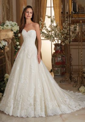 Chantilly and Embroidered Lace on Tulle Ball Gown with Scalloped Hemline Wedding Dress | Morilee Wedding Dress With Buttons, Heavy Beaded Wedding Dress, Mori Lee Bridal, Tulle Ball Gown Wedding Dress, Wedding Dress Sweetheart, Beaded Wedding Dress, Aline Wedding Dress, Dress With Buttons, Sweetheart Wedding Dress