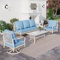 Patio Retreat, Patio Seating Sets, Metal Outdoor Furniture, Home Pool, Blue Patio, Furniture Sofa Set, Patio Sofa Set, Outdoor Furniture Sofa, Outdoor Patio Furniture Sets