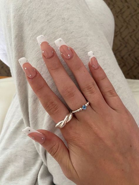 White Nails With Rhinestones French Tips, White French Tip Nails With Crystals, White Decorated Nails, Nail Inspo White Tip, Square French Tip With Diamonds, White French Tip Nails Coffin Design, White French Tip W Pearls, White With Diamonds Acrylic Nails, Custom French Tip Nails