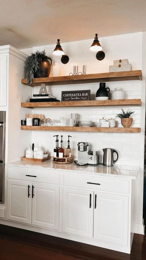 Corner Bar Ideas For Home, Coffee Cupboard, Kaffe Station, Kitchen Coffee Bar, Country Property, Kitchen Floating Shelves, Beverage Station, Coffee Bar Ideas, House Redo