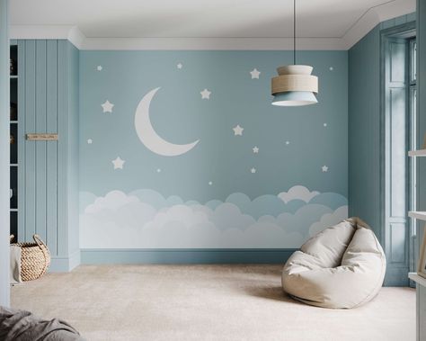 Bedroom Wall Designs Paint Ideas Simple, Kid Bedroom Paint Ideas, Nursery Mural Ideas Painted, Celestial Nursery Theme, Children Room Wallpaper, Space Mural, Nursery Murals, Wellbeing Centre, Nursery Wall Painting