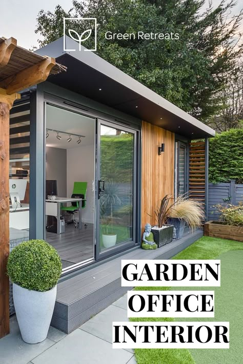 Outside Room Ideas Backyards, Garden Office Ideas Workspaces, Garden Design Office, Modern Garden Buildings, Garden Office And Shed, Garden Home Office Interiors, Home Office In Garden, Outside Studio Ideas, Outbuilding Office Ideas