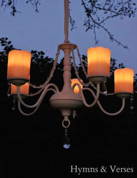 Chandelier Upcycle, Outdoor Candle Chandelier, Diy Outdoor Chandelier, My Son Is Getting Married, Battery Operated Chandelier, He Shed She Shed, Solar Light Chandelier, Screened Porch Ideas, He Shed