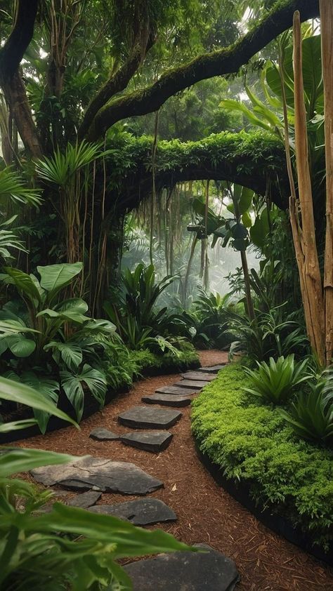 Lush Garden Backyard, Tropical Oasis Backyard, Small Jungle Garden Ideas, Jungle Backyard, Rainforest Garden, Jungle City, Tropical City, Tropical Houses Architecture, Jungle Trees