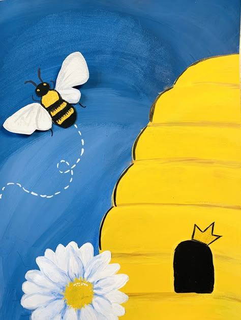 Paint Bees Easy, Bumble Bee Canvas Painting, Painting Bumble Bees Acrylic, Honey Bee Painting Easy, Bee Art Projects For Kids, Bee Canvas Painting Easy, Bumble Bee Painting Acrylic Easy, Easy Spring Canvas Painting, Painted Bees Easy