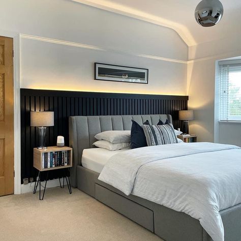 Grey Bedroom Wall Panelling, 2 Toned Walls Bedroom, Bedroom Panelling With Lights, Black Panelling Bedroom Ideas, Grey Bedroom With Panelling, Black Panelling Behind Bed, Behind Bed Panelling Ideas, Neutral Bedroom Men, Bedroom Panelling Black