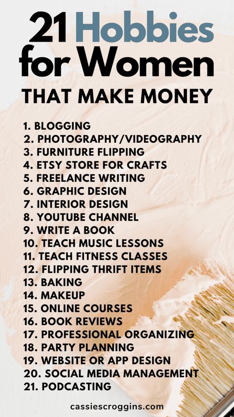 Make life fun again by starting a hobby that makes money too! If you're bored and wanting to try something new these 21 hobbies for women that make money are the perfect hobbies for women in their 20s, 30s, 50s, moms and women without kids too! Make extra money doing something you love! #hobbiesforwomen #cassiescroggins #makemoneyfromhome Work For Women, Best Job For Women, Advice For Women In 30s, Hobbies For Women In Their 20s Ideas, Hobbies Of The Wealthy, Hobbies To Evolve Mindset, Creative Hobbies That Make Money, Hobby To Make Money, 5 Hobbies You Need Examples