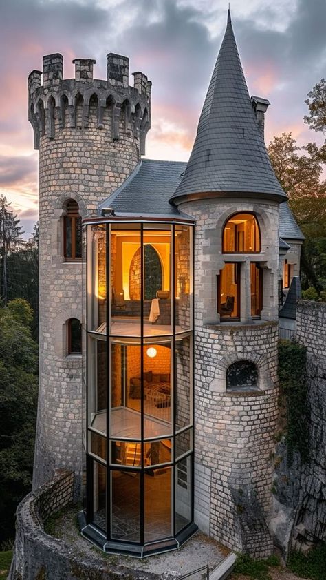 Modern Castle House, Cabin Castle, Castle House Modern, Castle Exterior, Castle House Design, Smaller Homes, Modern Castle, Small Castles, Storybook Homes