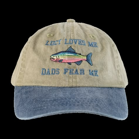 Embroidery Hats Baseball Caps, Embroidered Hats Ideas, Merch Hat, Fish Woman, Skiing Clothes, Fish Fear Me, Salmon Cat, Fish Hat, Rose Cap