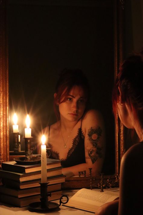 Photography Dark Academia Aesthetic, Dark Feminine Portrait Photography, Mirror Different Reflection, Candle In The Dark Photography, Candle Lighting Reference, Candle Lit Portrait, Photography With Candles, Spooky Self Portrait Photography, Mirror Reflection Photography Ideas