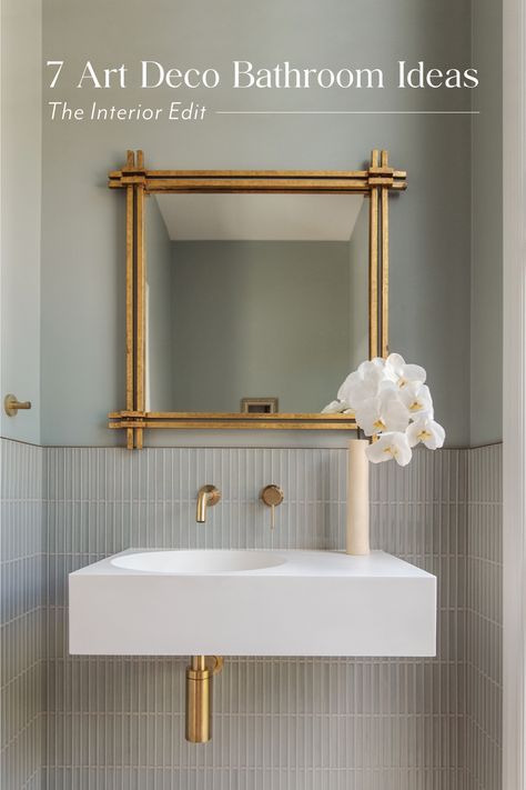 Art Deco is making a comeback — how to adopt its style into your bathroom. Art Deco Bathroom Mirrors, Art Deco Ensuite, Dark Art Deco Bathroom, 1930s Bathroom Ideas Art Deco, Art Deco Inspired Bathroom, Art Deco Interior Bathroom, Art Deco Interior Design Modern, 1930s Bathroom Ideas, Miami Art Deco Interior