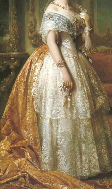 Gold Jewelry on gown, necklace and bracelets:   Luisa Fernanda Montpensier, by Jose Madrazo y Adugo, mid 1800s (detail) Queen Isabella, Custom Portrait Painting, Style Royal, Court Dresses, Karakter Disney, Estilo Real, Historical Painting, Isabel Ii, Victorian Art