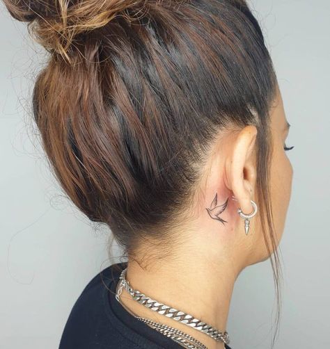 Bird Behind Ear Tattoo, Behind Ear Tattoo Ideas, Behind The Neck Tattoos, A Bird Tattoo, Word Neck Tattoos, Back Ear Tattoo, Small Neck Tattoos, Behind Ear Tattoos, Side Neck Tattoo