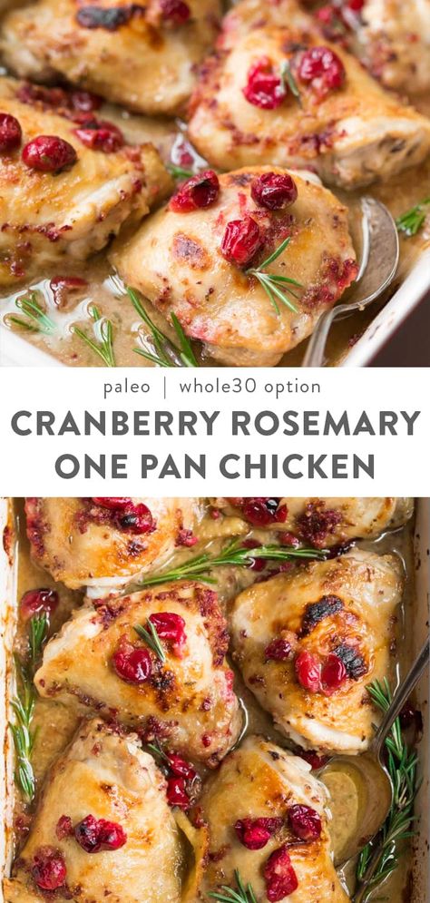 These cranberry rosemary one pan chicken thighs is an easy, healthy dinner perfect for your winter weeknight dinner rotation. Paleo, healthy, with a Whole30 option, and low carb friendly. Full of flavor, and super quick! You'll fall in love with how the tart cranberries marry the heady rosemary, with that white wine sauce, all baked in the oven to perfection. Whole30 option and low carb friendly. #paleo #cranberry One Pan Chicken Thighs, 200 Calorie, Pan Chicken Recipes, Dinner Rotation, Easy Healthy Dinner, One Pan Chicken, Rosemary Chicken, White Wine Sauce, Recipe 30