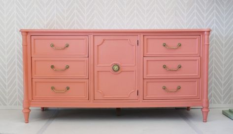 Coral Painted Furniture, Coral Dresser, Coral Furniture, Old Kitchen Tables, Coral Nursery, Caden Lane, Pink Dresser, Orange Furniture, Interior Design Career