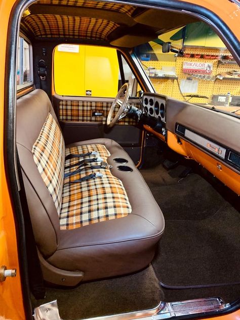 C10 Interior Ideas, Vintage Car Upholstery, Red Truck Interior, Square Body Chevy Interior, Squarebody Chevy Interior, Squarebody Interiors, Truck Bench Seat Ideas, Chevy Square Body Trucks Interior, Single Cab Truck Interior Ideas