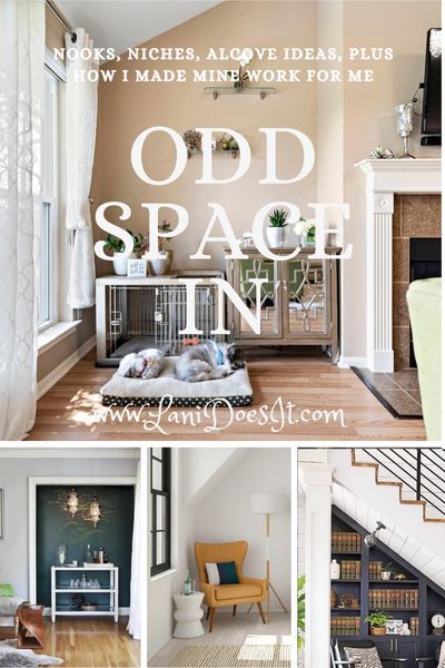 NOOKS, NICHES, ALCOVES IDEAS, AND HOW I MADE MINE WORK FOR ME. Also, how to hide wiring behind fireplace.  #homedecor #interiordecor #oddspaces #lanidoesit #pinteresthouse #diyhomedecor Tv Nook Next To Fireplace, Small Fireplace Nook, Small Basement Nook Ideas, Living Room With Nook Spaces, What To Do With Alcove In Living Room, Storage Nook Ideas Small Spaces, Unused Wall Space Ideas, Alcove Furniture Ideas, Bedroom Wall Nook Ideas