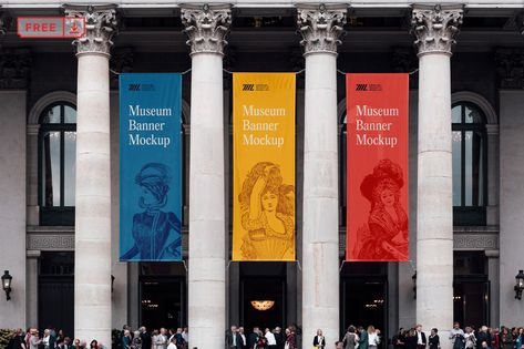 Free Museum Banners Mockup on Behance Exhibition Banners, Graphic Design Freebies, Pole Banners, Street Banners, Museum Exhibition Design, Billboard Mockup, Event Banner, Outdoor Banners, Branding Logo Design