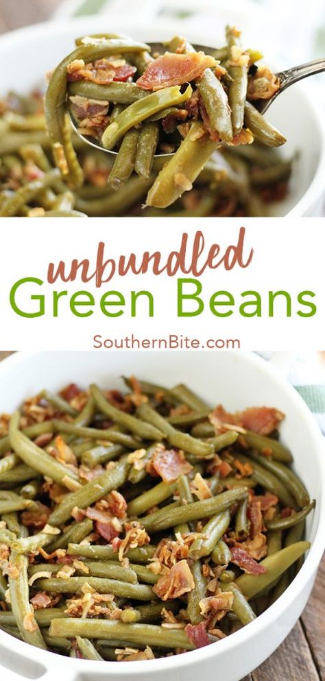 This recipe turns the classic Green Bean Bundles on their head and makes an easy dish with all the flavor and half the work. These Unbundled Green Beans are going to be a new family favorite! Southern Green Bean Recipes, Green Beans And Bacon, Canned Green Bean Recipes, Beans And Bacon, Southern Style Green Beans, Crockpot Green Beans, Southern Green Beans, Delicious Green Beans, Beans In Crockpot