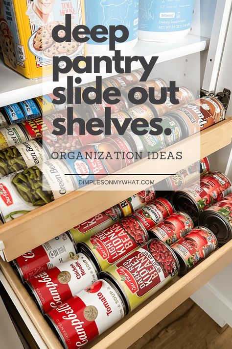 This article shows you the best way to utilize a deep pantry slide with slide out shelves so that you can see and reach everything easily. #kitchenorganization #deeppantry #deeppantrycabinet #deeppantryslideoutshelf #pantryorganization Canned Goods Storage Pantry Organization, Pantry Canned Goods Organization, Organize Deep Pantry, Can Good Storage Ideas, Deep Pantry Organization Ideas, Canned Good Storage, Deep Pantry Organization, Pantry Can Organization, Slide Out Pantry