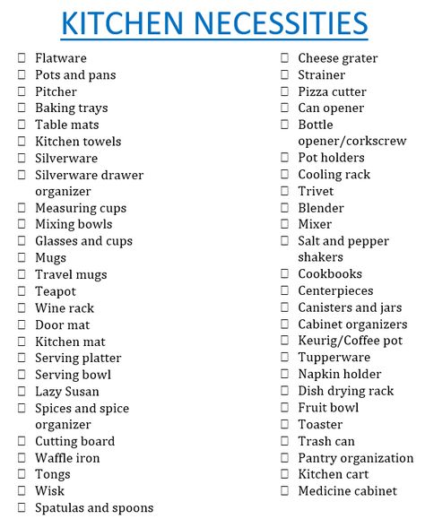 Just a few things you may need in your kitchen when planning for your first apartment/home!!! List Of Kitchen Items, Kitchen Packing List, First Home Appliances List, Things Needed For New Home Kitchen, What Do You Need For Your First Apartment, Ultimate Apartment Checklist, House Stuff List, Things To Buy For Future Home, Apartment Requirements