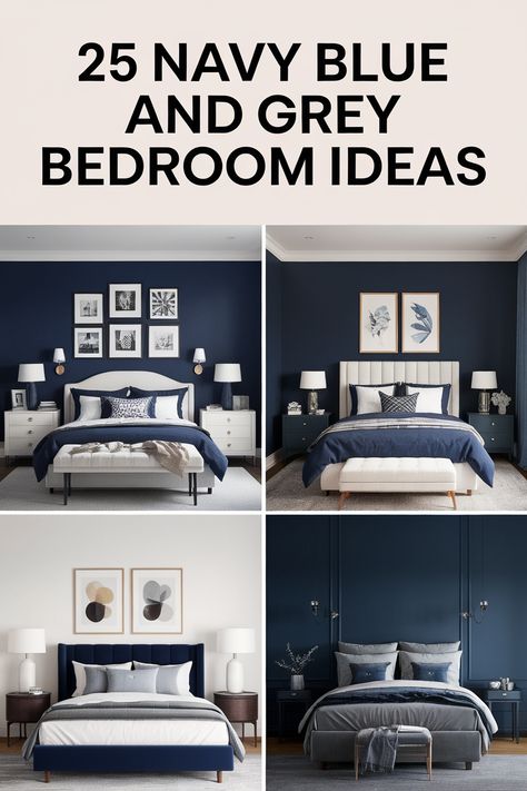 Navy blue and grey create a serene, sophisticated bedroom atmosphere. Whether you prefer modern, traditional, or eclectic, these versatile hues can be incorporated in countless ways. Explore 25 dreamy navy blue and grey bedroom ideas, from bold accents to subtle touches, and find inspiration for your own space. Bedroom Color Schemes Navy Blue, Navy Bedroom Curtain Ideas, Navy And Grey Bedrooms, Agreeable Gray And Navy Blue, Bedroom Navy Headboard, Gray Blue Bedding, Farmhouse Navy Bedroom, Bedroom With Navy Bedding, Navy Primary Bedroom