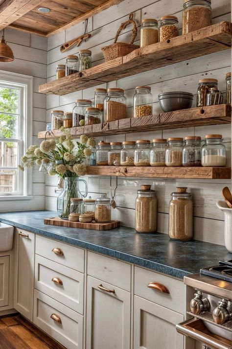 Open Shelf Farmhouse Kitchen, Country Boho Kitchen Ideas, Upper Open Shelves In Kitchen, Farmhouse Kitchen Shelves Wood, Open Shelving Pantry Kitchen Ideas, Farmhouse Kitchen With Shelves, Open Shelving For Kitchen, Countryside Kitchen Ideas, Kitchen Shelving Instead Of Cabinets