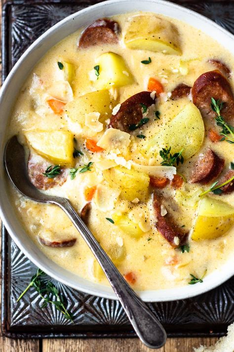 One Pot Smoked Sausage, Potato Cheese Soup, Potatoes And Sausage, Stew Crockpot, Pretzel Buns, Sausage Potato Soup, Cheese Burgers, Smoked Sausage Recipes, Potato Cheese