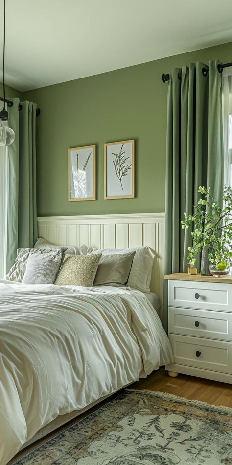 Bedroom Olive Green Walls, Olive Green Room, Dream Bedroom Ideas, Olive Green Bedroom, Sage Green Bedroom Ideas, Boho Dining Room Decor, Light Green Bedrooms, Olive Green Bedrooms, Sage Bedroom