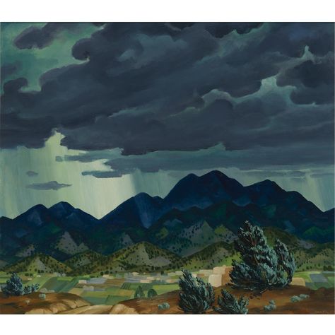 Emil J. Bisttram – Storm Over Taos, Oil on canvas, 32x36 in Emil Bisttram, Stormy Mountains, Taos Art, Art Ukraine, Az Art, Weather Storm, Western Landscape, Paint Photography, Southwestern Art