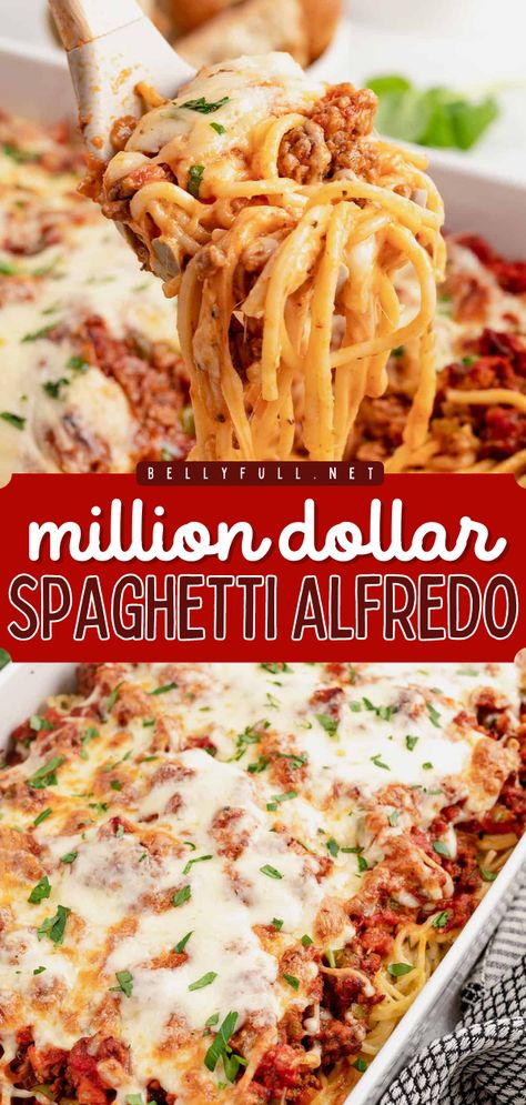 Want something different for dinner? Here's the ultimate spaghetti casserole! Combined with marinara sauce and lots of cheese, this Million Dollar Spaghetti Alfredo is outrageous in the best possible way. Your family will love this easy pasta dish! Spaghetti Alfredo And Meat Sauce, Million Dollar Alfredo Casserole, Things That Go With Spaghetti, Red And White Spaghetti, Dressed Up Spaghetti Sauce, Spaghetti Lasagna Bake Easy, Bow Tie Spaghetti, Spaghetti With Tomato And Alfredo Sauce, Spagetti Sauce And Alfredo