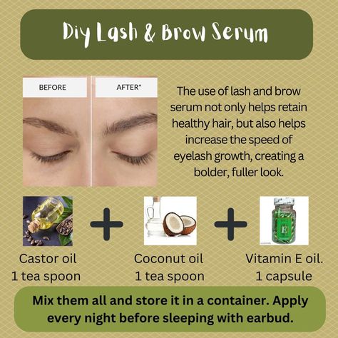 Diy skin care Eye Brow Growth Serum Diy, Diy Lash And Brow Growth Serum, Oils For Eyebrow Growth, Brow Growth Diy, Homemade Eyebrow Growth Serum, Coconut Oil For Eyelashes Growth, Lash And Eyebrow Growth Serum, Serum For Eyebrow Growth, Eyebrow Care Tips