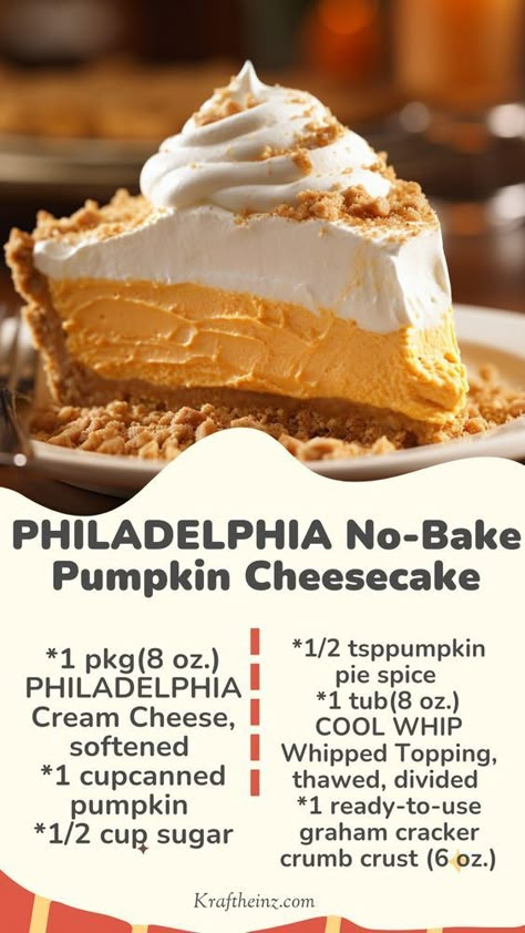 Delight in the creamy goodness of PHILADELPHIA No-Bake Pumpkin Cheesecake, a hassle-free dessert that captures the essence of autumn. This recipe combines smooth PHILADELPHIA Cream Cheese with canned pumpkin, sugar, and pumpkin pie spice, blended until velvety. Gently folded with COOL WHIP Whipped Topping and set in a graham cracker crumb crust, it’s chilled to perfection and served topped with more COOL WHIP for a deliciously light and satisfying treat. Pumpkin Pie Recipe Cream Cheese, Best Pumpkin Pie Recipe With Cream Cheese, Pumpkin Pie Made With Cream Cheese, Cream Cheese Pumpkin Pie No Bake, Light Pumpkin Cheesecake, Pumpkin Cheesecake Graham Cracker Crust, How To Make Pumpkin Cheesecake, Pumpkin Pie Graham Cracker Crust Cheesecake Recipes, Graham Cracker Crust Dessert Easy