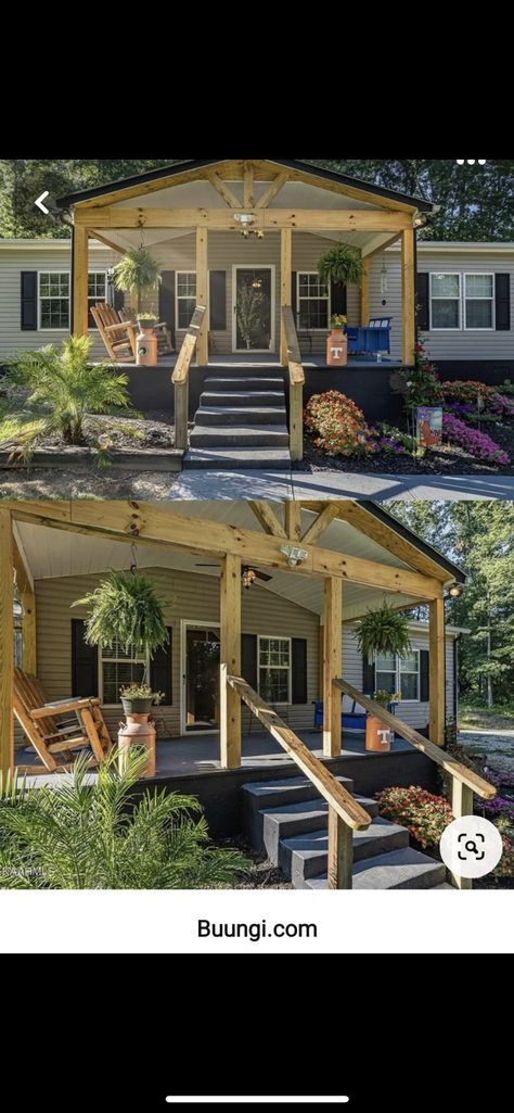 Modular Home Before And After, Add On Front Porch Before And After, Big Mobile Homes, Cute Mobile Home Exterior, Back Porch Add On, Front Porch On Double Wide, Mobile Home Front Deck, Eifs Exterior Home, Rv Decks Porches